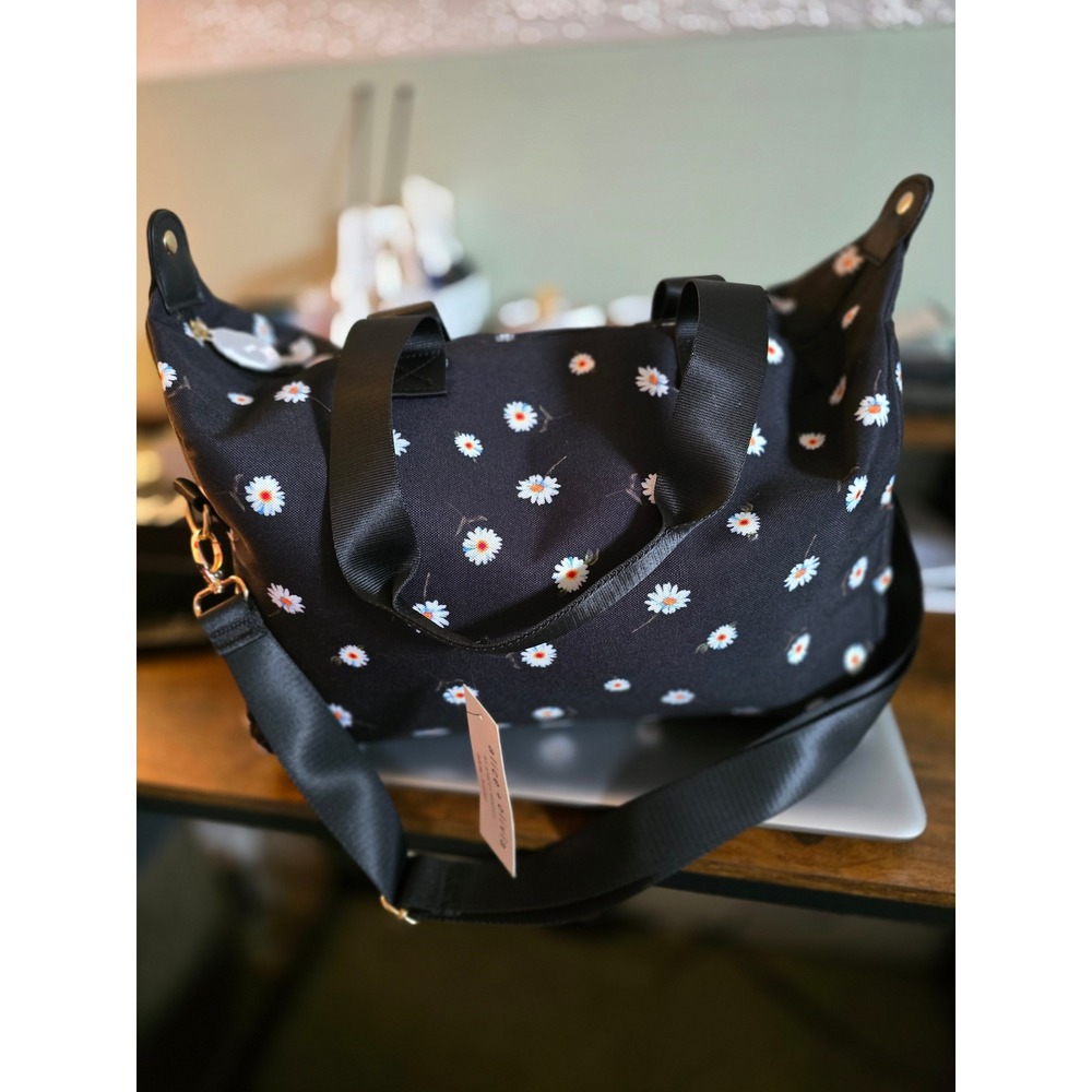 Alice + Olivia Daisy Print Duffel Bag Black Canvas Floral Travel Gym Bag NWT